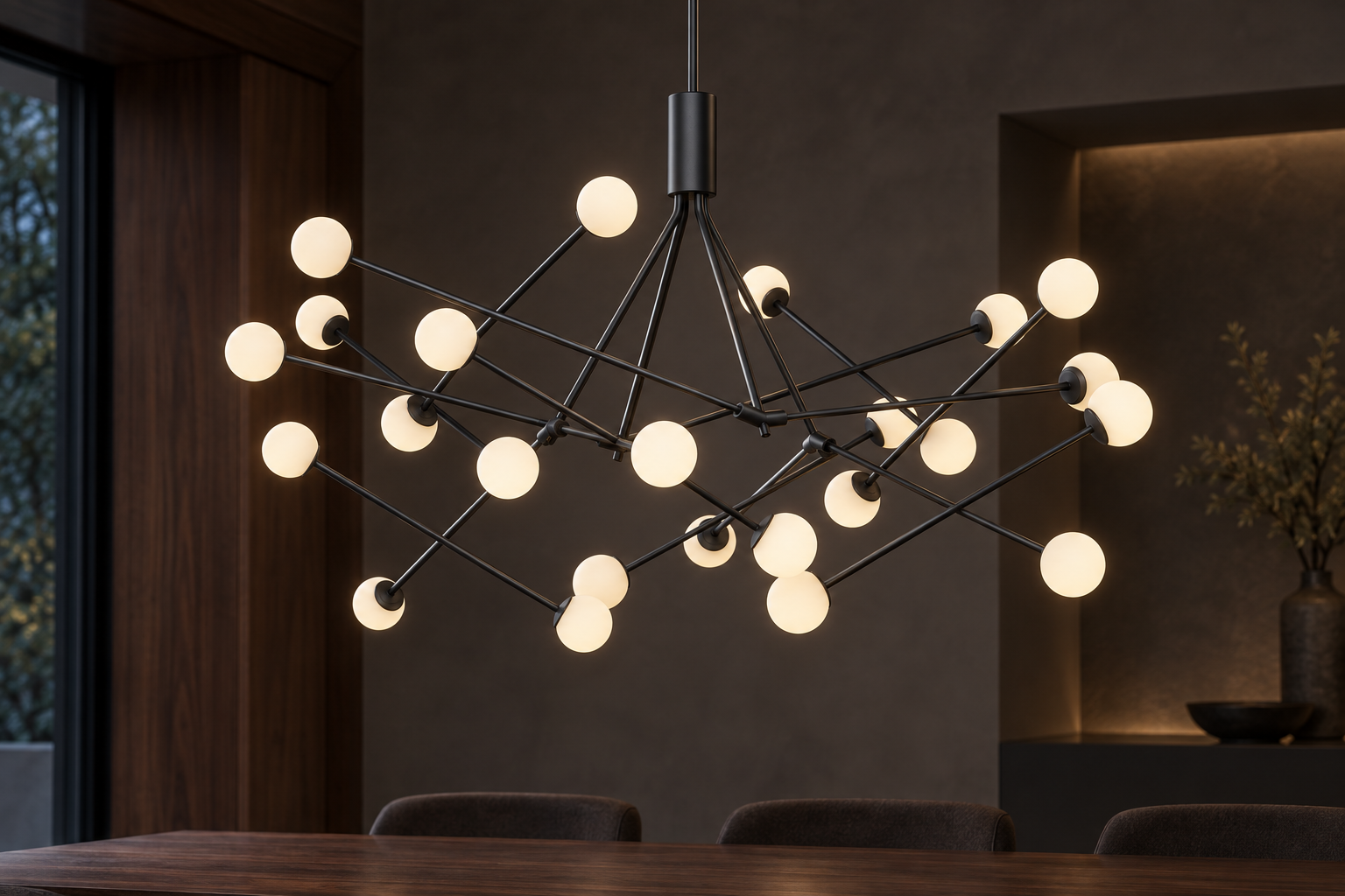 Close detail of Moto’s left-side opal globes and intersecting arms in a dark interior visualization