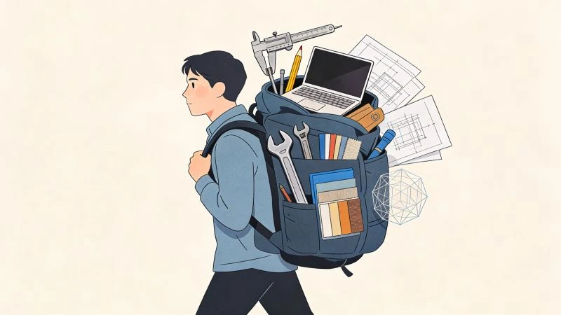 An industrial designer carrying a backpack full of tools, drawings, books and a laptop