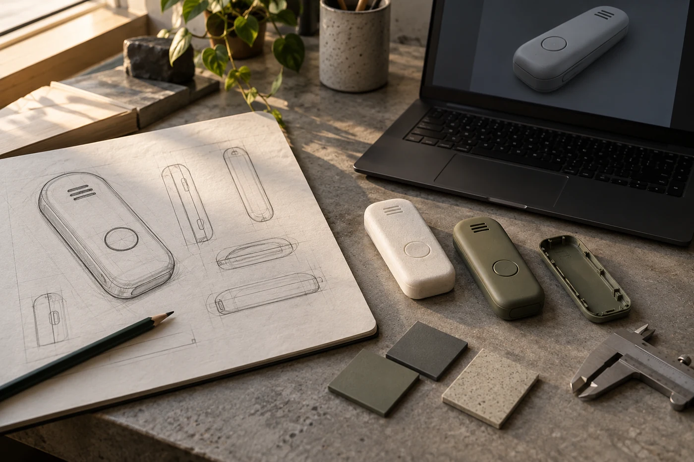Sketches, a digital model, material samples and physical models of one imagined handheld object