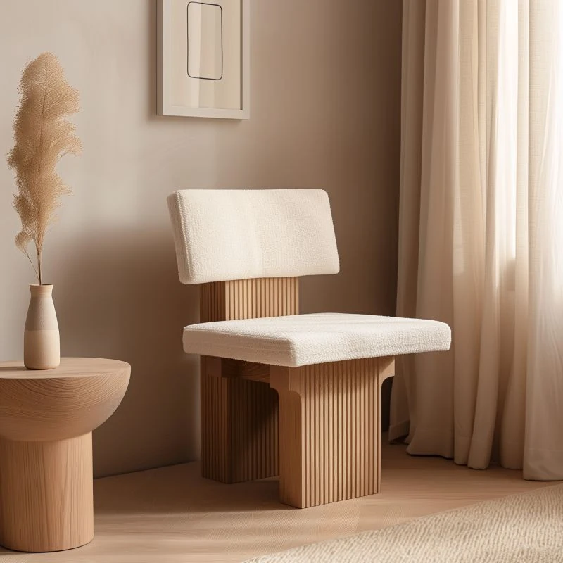 AI-generated dining chair image from the opening post, with fluted timber supports and upholstered seat