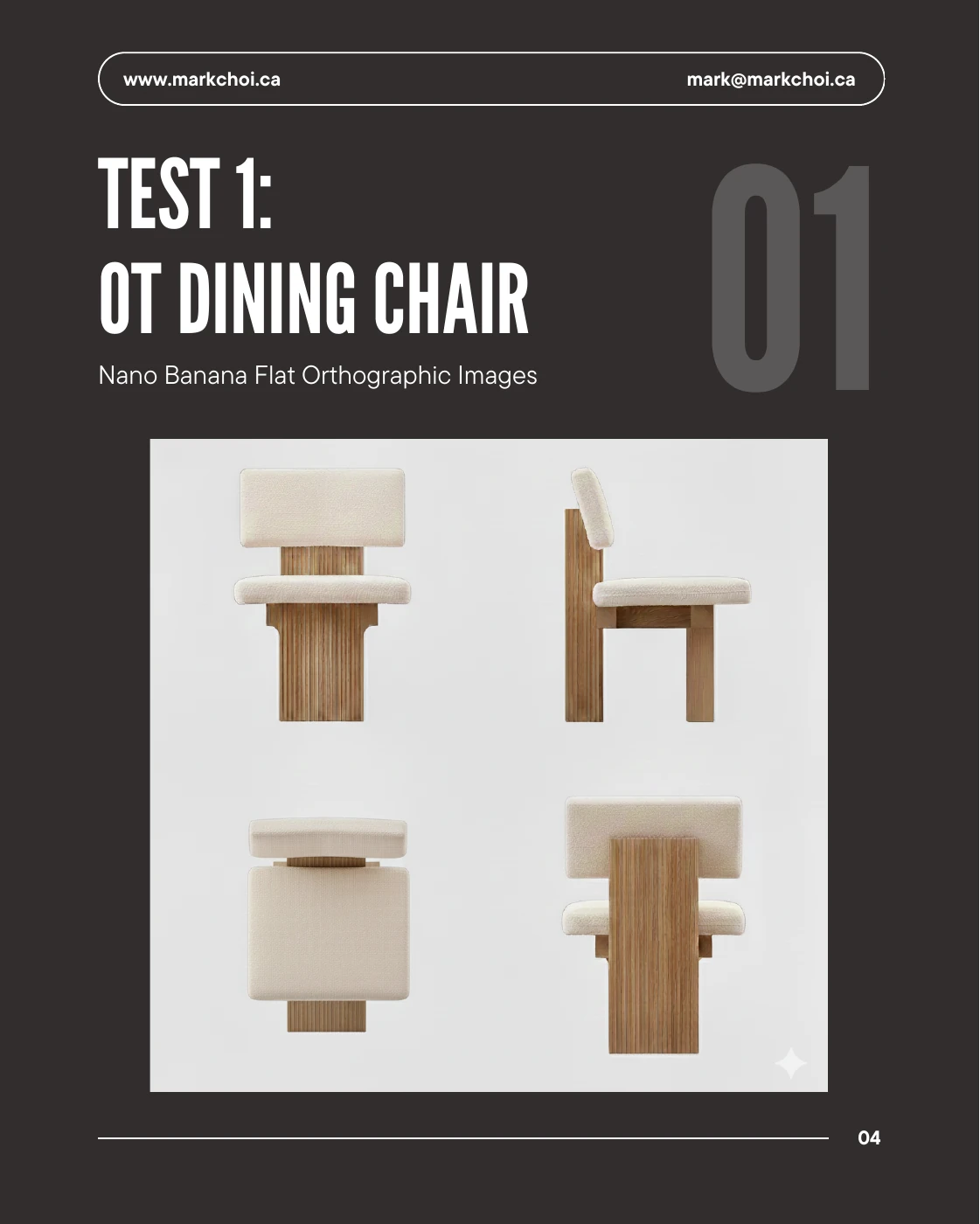 Original presentation slide showing four AI-generated orthographic views of the dining chair