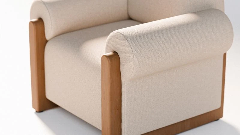 Detail of the broad timber side panel and upholstered arm