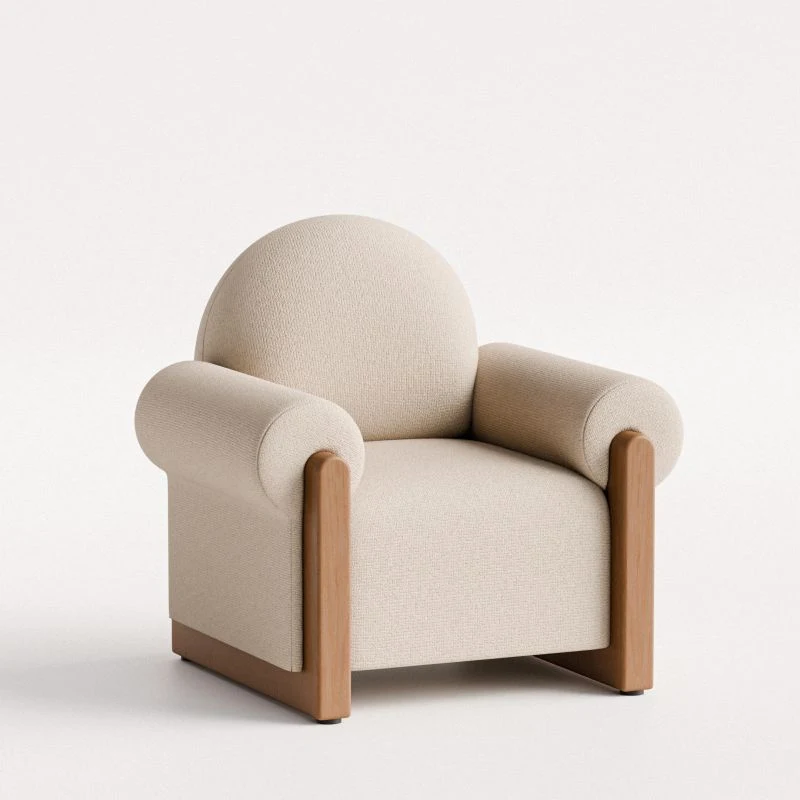 First-pass CAD render of an upholstered chair with broad timber side panels