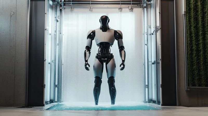 A humanoid imagined standing in a cleaning enclosure