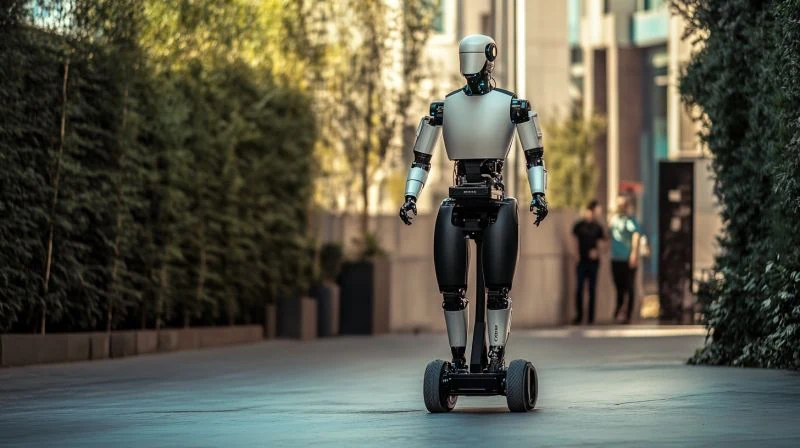 A humanoid imagined riding a compact personal transporter