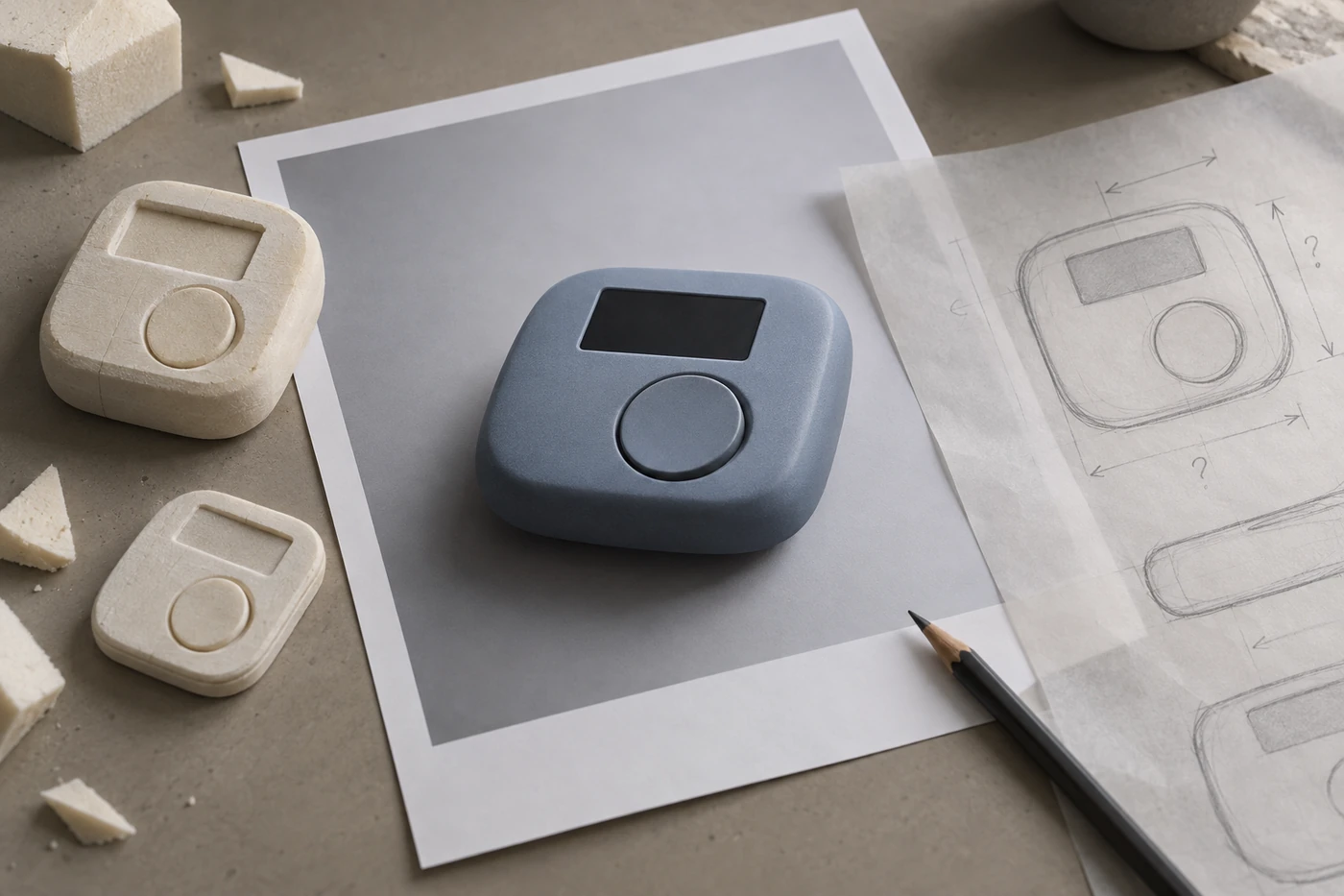 A polished device image beside foam studies and sketches questioning its dimensions