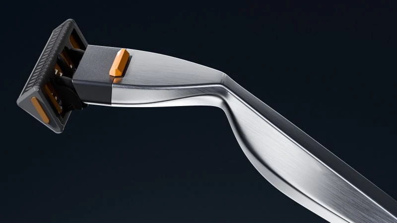 Close view of the chamfered razor head and neck